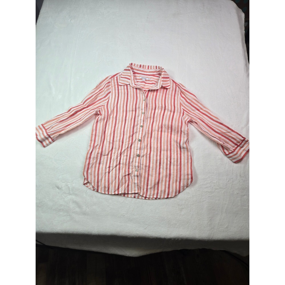 Chico's Linen Button Down Shirt Orange‎ Coral Striped Size 0.5 US 6 Small Top